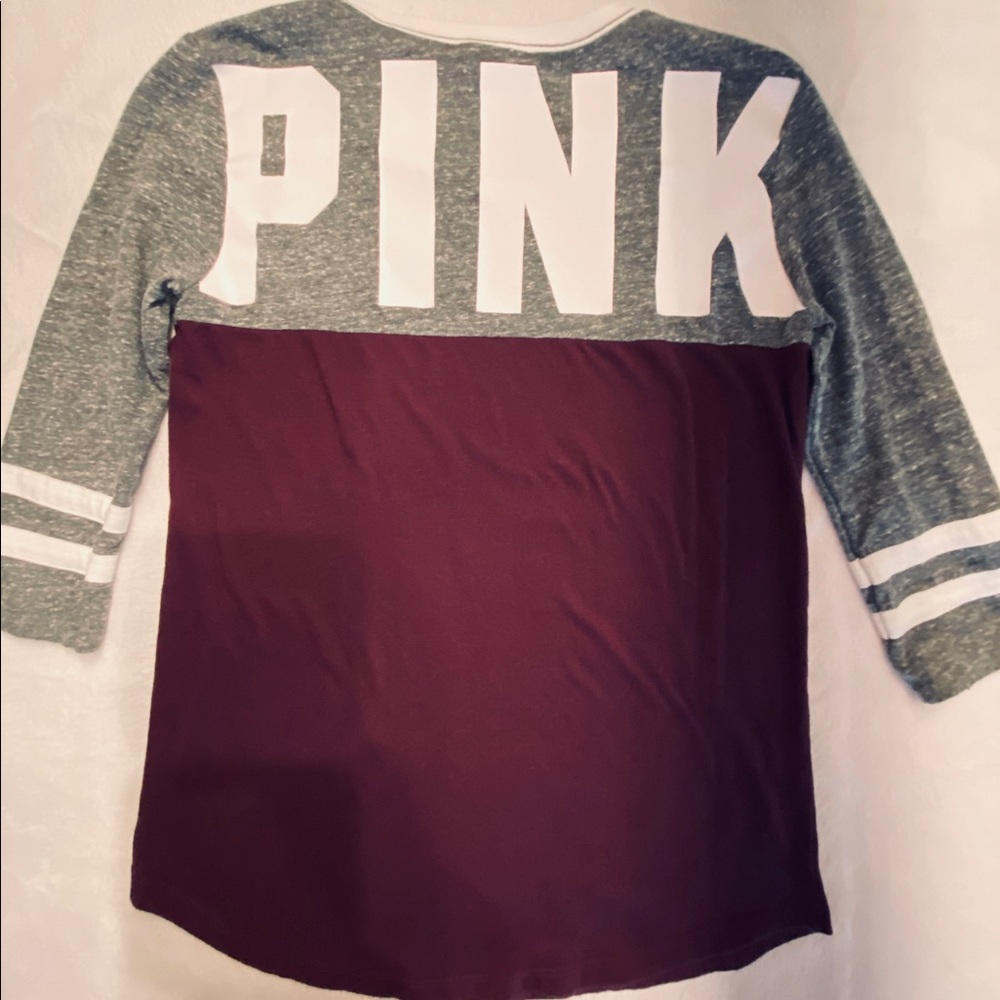 PINK Victoria’s Secret VS varsity crew campus tee in maroon burgundy and gray
